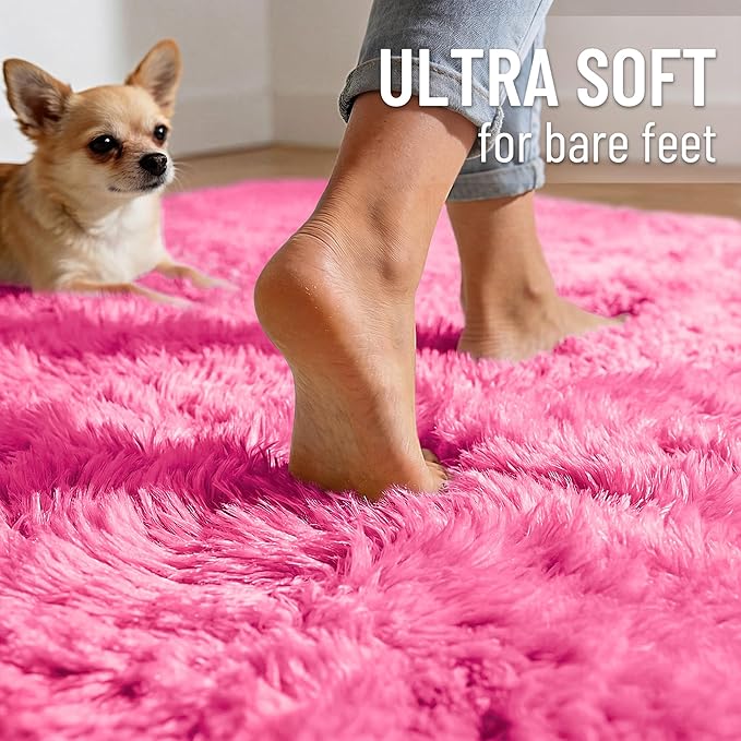 OLANLY 6x9 Machine Washable Large Area Rugs for Living Room, Bedroom, Soft Fluffy Shaggy Bedside Rug, Indoor Floor Carpet for Kids Girls and Boys, Dorms, Nursery, Home Decor Aesthetic, Hot Pink