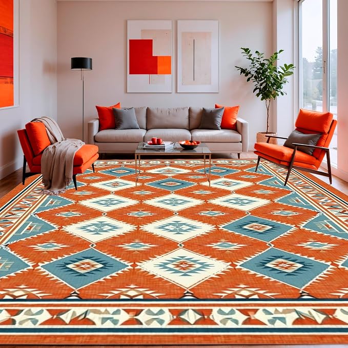 Flatwoven High Traffic Area Rug 8x10, Timeless Southwestern for Eclectic, Non Slip, Stain Resistant, Washable Area Rugs for Living Room, Bedroom (Orange, 8x10)