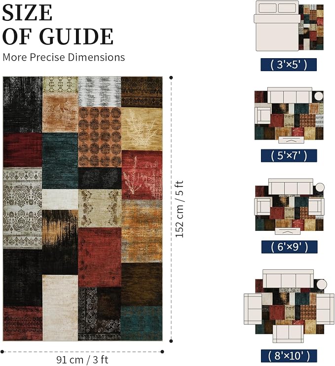 YIHOUSE Mid Century Modern Vintage Cowboy Area Rug 3x5 for Bedroom,Retro Patchwork Living Room Rug Non Slip,Red and Brown Floral Farmhouse Rugs Washable, Geometric Boho Rugs for Kitchen,Dining Room