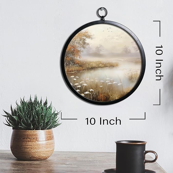 XIAOAIKA Vintage Wall Art with Metal Frame, Round Wood Print Featuring Foggy Lake and Trees, Boho Wall Decor for Living Room, Bedroom, Kitchen, 10 Inch
