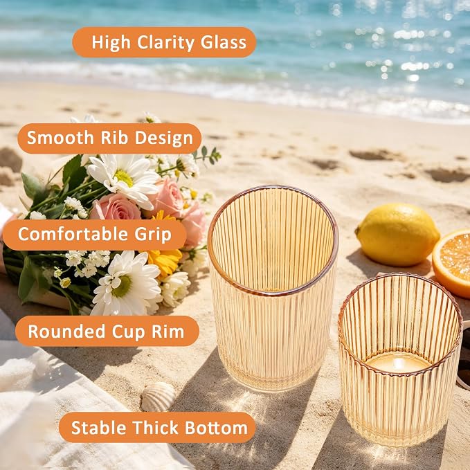 14 oz & 18 oz Ribbed Drinking Glasses Set of 12, Vintage Iced Coffee Cups Elegant Glassware, Highball Glass Cups Ridged Glass Tumbler for Cocktail, Whiskey, Beer, Water, Juice, Origami Style Amber