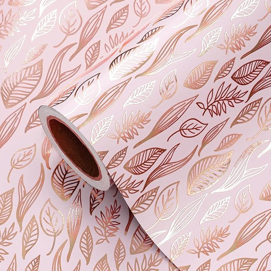 WRAPAHOLIC Pink Wrapping Paper Roll - 17 Inch x 33 Feet - Metallic Rose Gold Leaves Wedding Wrapping Paper for Birthday, Baby Shower, Wedding, Bridal Shower