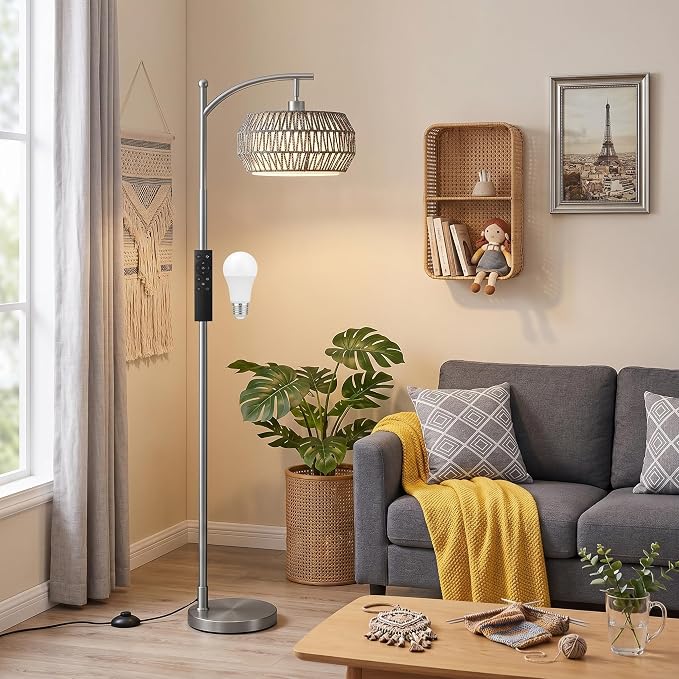 Ambimall Arc Floor Lamp for Living Room with Remote, Color Temperature & Brightness Adjustable, Bohemia Standing Lamp with Rattan & Fabric Double Drum Shades, Bulb Included(Deep Gray)