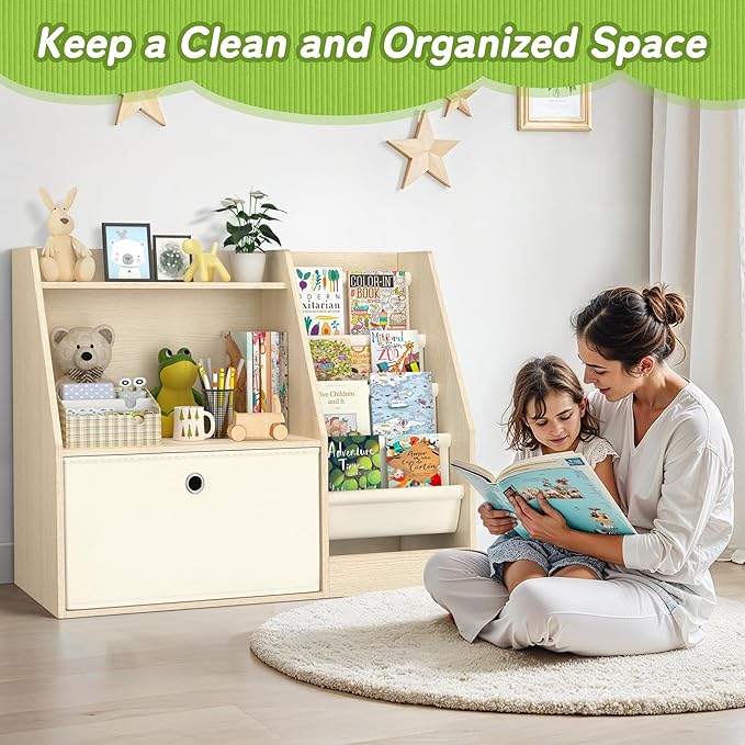 TOETOL Kids Bookshelf & Book Storage，4 Sling Wooden Toddler Book Shelf，2-Tier Wooden Open Bookcase & Storage Organizer Boxes for Nursery, Playroom, Bedroom