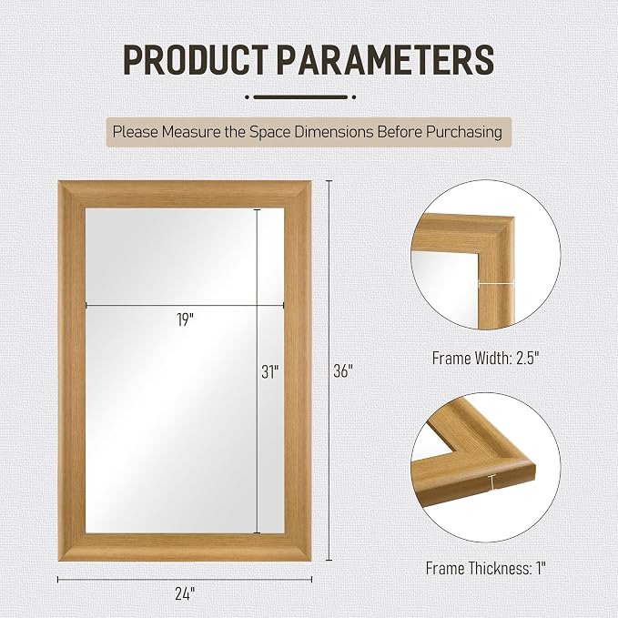 CULER Natural Wall Mirror for Bathroom,Rectangle 24 x 36 inch Hanging Vanity Mirrors with Wood Grain Frame for Living Room,Bedroom,Entryway