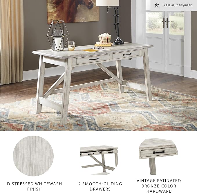 Signature Design by Ashley Carynhurst Farmhouse 60" Home Office Desk with Drawers, Distressed White