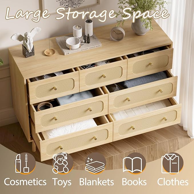 SINROM® Rattan Dresser for Bedroom, Farmhouse Dresser 7 Drawer for Bedroom, Wide Chest of Organizer Storage Drawers for Living Room, Hallway, Entryway