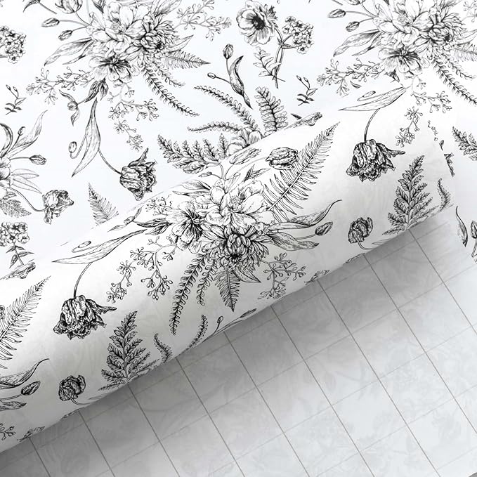 Yarcony Black and White Wrapping Paper, Floral Gift Wrapping Paper Roll, Elegant Black Lined Flowers Gift Wrap for Birthday,Wedding, Baby Shower,Christmas,Bridal Shower,Mother's Day (17 In X 16.5 Ft)