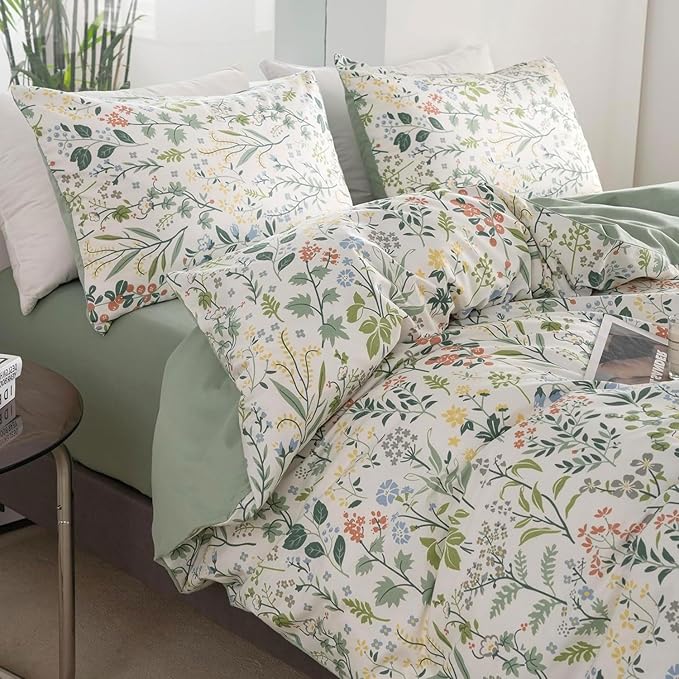 Sage Green Floral Duvet Cover Queen Size Comforter Cover Cotton Floral Cottagecore Bedding Sets Queen Vintage Boho Flower Comforter Cover Botanical Wildflower Plants Duvet Cover with 2 Pillowcases