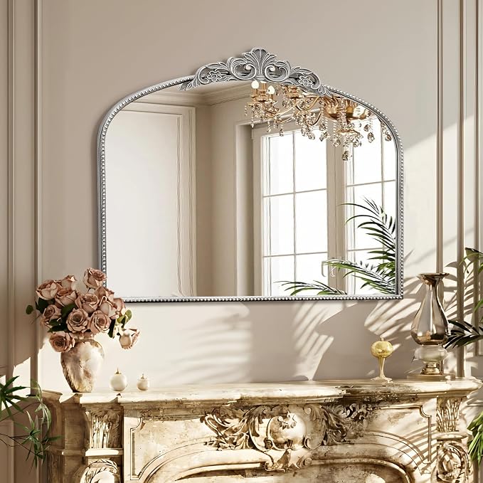 Micasso Large Vintage Silver Mirror: 40"x29" French Baroque Antique Arched Mirror - Traditional Ornate Decorative for Wall/Fireplace/Mantel/Entryway/Bathroom/Hallway - Home Decor for Living Room