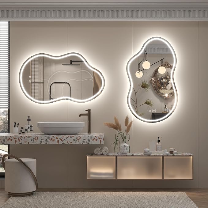 60x32 Inch Irregular Cloud LED Bathroom Mirror with Lights, Asymmetrical Lighted Vanity Mirror for Wall, Anti-Fog, Dimmable, Memory, 3 Colors (Horizontal/Vertical)