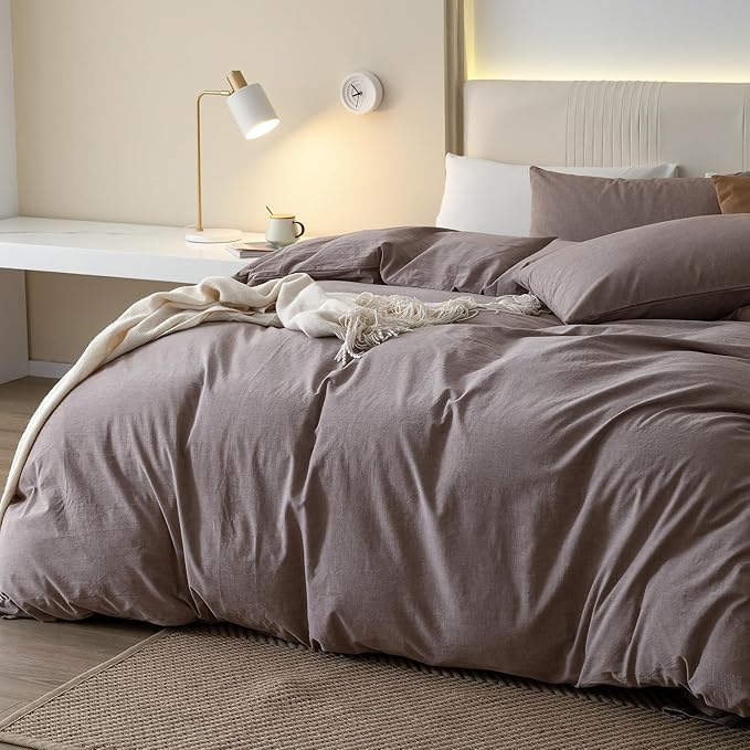 JIYUAN 100% Washed Cotton Duvet Cover Set 3 PCS Super King Plus, 1 Duvet Cover 120x120 Inches(Comforter Not Included) and 2 Pillowcases,Linen Like Comfy and Breathable, Heathered Mauve Brown