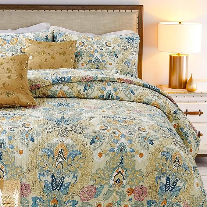 Cozy Line Home Fashions Luxury Classic Bedding Quilt Set, 100% Cotton Beige Blue Floral Pink Flower Bohemian Style Reversible Bedspread Coverlet (Art Painting, King - 3 Piece)