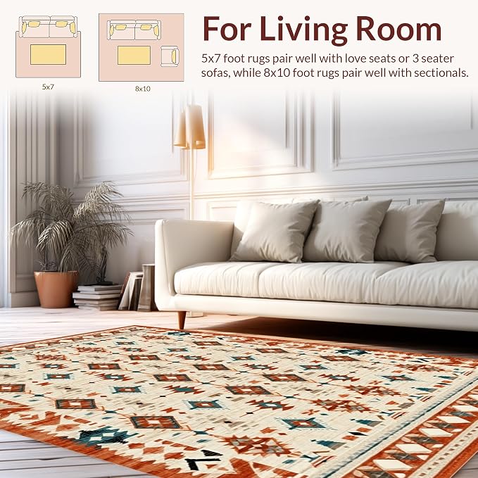 Flatwoven High Traffic Area Rug 4x6, Southwestern Aztec with Detailing, Non Slip, Stain Resistant, Washable Area Rugs for Living Room, Bedroom (Beige, 4x6)