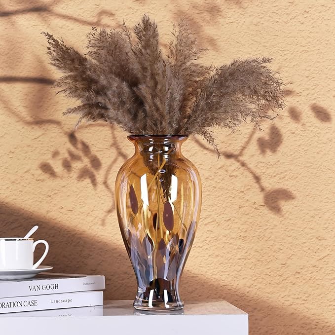 11.8" Tall Amber Gold Glass Vase Beautiful Hand Blown Glass Vase Modern Art Home Decor, Wide Mouth Colorful Vases for Mantle Dining Table Centerpiece, Entryway Living Room Wedding Decoration