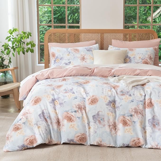 King Comforter Set Flowers 3 Pieces Soft Chic Crinkle Gauze Fabric Bedding, Garden Peony Floral Print Botanical Comforter for All Seasons Luxury Warmth Comfy Breathable with 2 Pillowcases