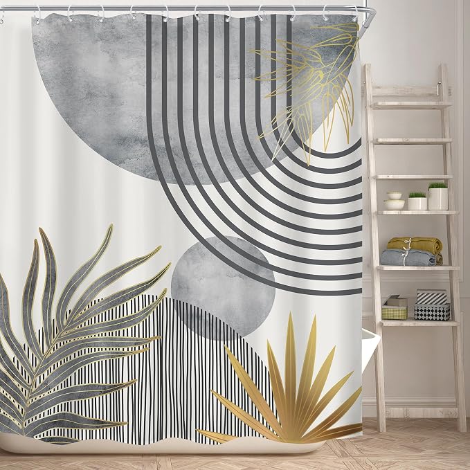 KOMLLEX Mid Century Boho Shower Curtain for Bathroom Decor Abstract Grey Modern Minimalist Gold Aesthetic Sun Arch Curve Leaves Geometric Neutral Fabric Waterproof Polyester 12 Pack Hook 60Wx72H
