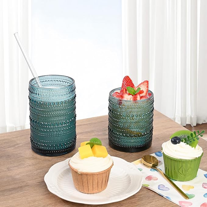 ZMOWIPDL Vintage Hobnail Drinking Glasses Set of 8,Blue 12 oz & 15oz Highball Glass Cups,Kitchen Drinkware Glassware,Embossed Water Tumbler,for Beer,Cocktail,Whiskey,Juice and Various Mixed Drinks