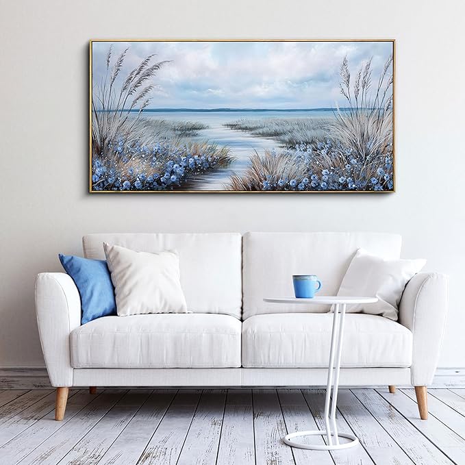 KLAKLA Beach Wall Art for Living Room 58x29 Inches Blue Ocean Wall Paintings Sea Wave Canvas Picture Artwork Modern Poster Bedroom Office Home Decor