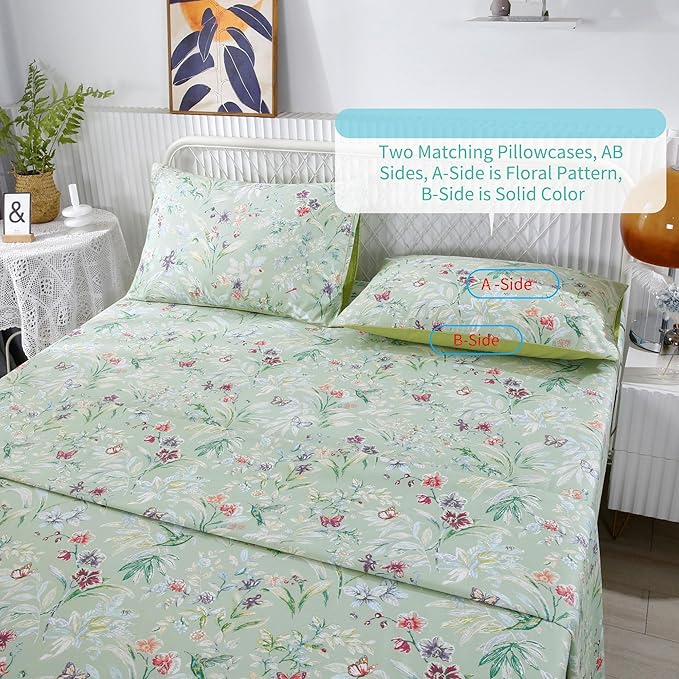RYNGHIPY Shabby Flowers Print Bed Sheet Collections Egyptian Cotton Garden Floral Sheets (Green Floral,King Size)