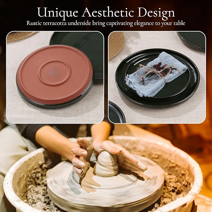 E-far Stoneware Dinnerware Sets for 2, 6 Pieces Reactive Glaze Plates and Bowls Sets, Elegant Dishes with Rustic Terracotta Base, Dishwasher & Microwave Safe, Scratch Resistant, Blackish Green
