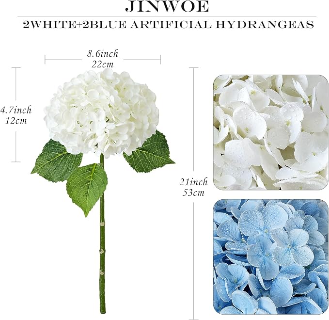 4Pcs Real Touch Large Silk Fake Hydrangeas Artificial Flowers,Light Blue/White Fall Lifelike Faux Hydrangea Flowers, Flower for Halloween Christmas Centerpieces Table Kitchen Home