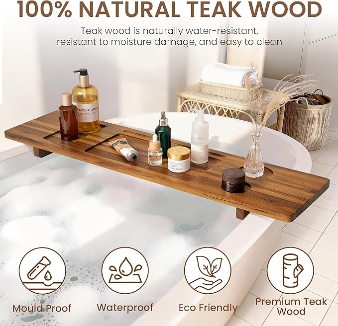 Teak Bathtub Tray - Wood Bath Caddy Tray 35" for Large Tubs - Adjustable Bathtub Table Trays - Luxury Shower Organizer for Home Spa Relaxation and Reading - Light Walnut Color