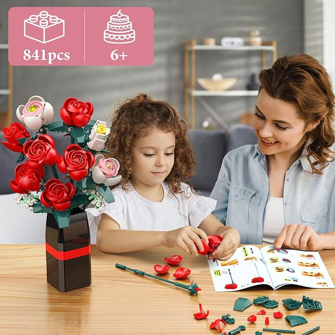 Roses Building Set with Vase, Flower Bouquet Building Kit for Home Office Decor - Flower Botanical Collection Toys Gift for Kids Girls and Adults Women on Valentine’s Day, Mother's Day - 841PCS