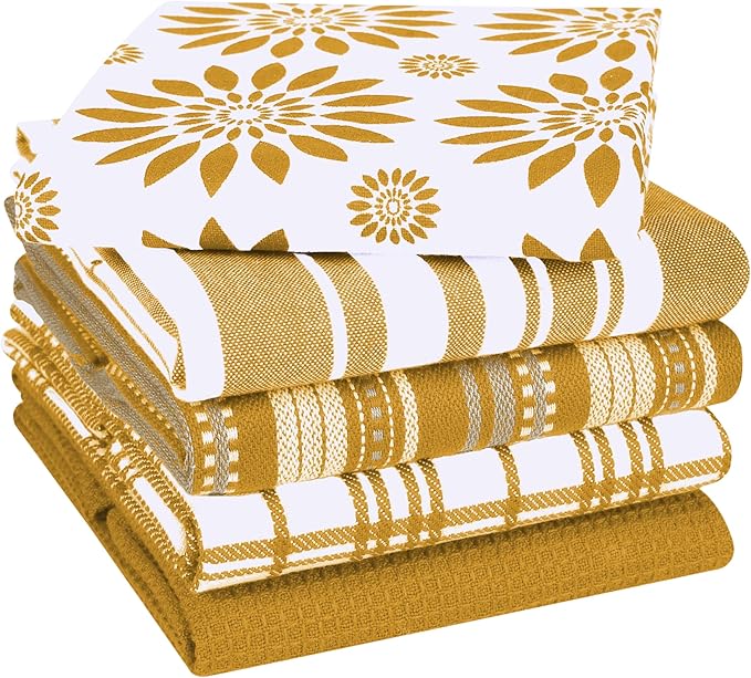 Assorted Kitchen Towels Large 16x26 inches 100% Cotton Set of 5 - Soft Absorbent Washable Tea Towel for Kitchen - Dish Cloths with Hanging Loop - Quick Drying Towels Yellow Mustard
