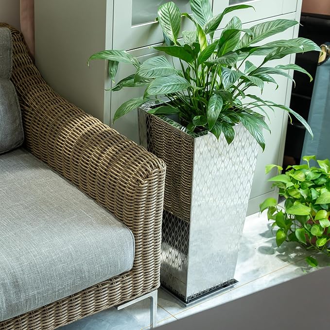 Luxury Stainless Steel Sliver Taper Tall Planter Box Set of 2 with Mirror Etching No Coating 24”H Top 11” Bottom 8”, Decrative Pot Indoor, Modern Décor for Home,Office,Tall Plants,Trees,Flowers