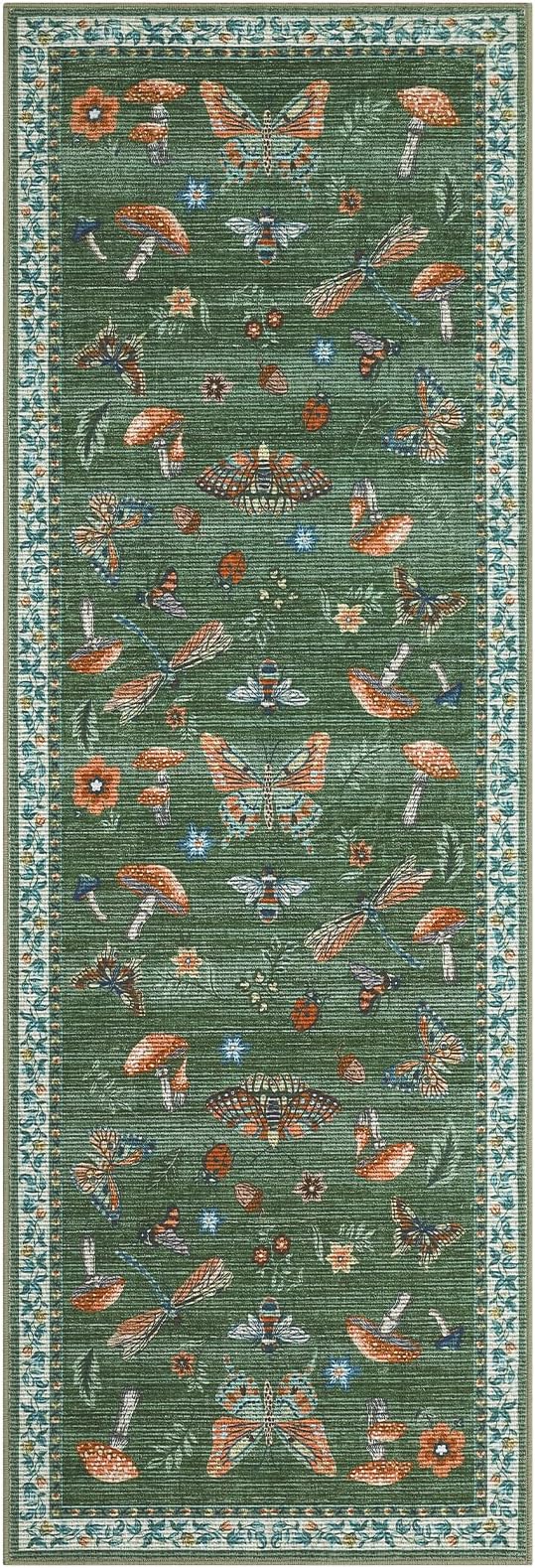 Washable 2x6 Vintage Runners for Hallway Entryway Retro Distressed Kitchen Carpet Runner Low Pile Soft Bedside Boho Carpet Non Slip Bath Rug Non Shed Thin Floral Accent Carpets, Green