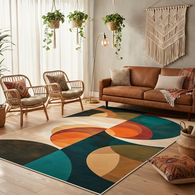 Mid Century Geometric Area Rug 4x6 – Retro Abstract Circle Pattern Rug for Living Room & Bedroom, Low Pile Washable Indoor Rug with Non-Slip Backing