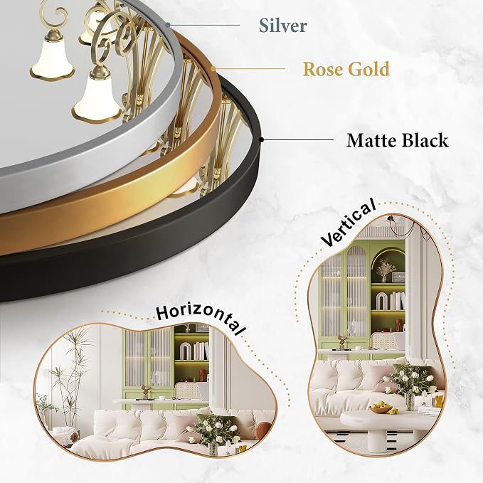 Dorlicecass Bathroom Mirror - Gold Irregular Wall Mirrors Decorative 26"x46" Asymmetrical Tempered Glass Aviation Aluminum Alloy Frame for Vanity, Bedroom, Living Room, Cloakroom, Entryway