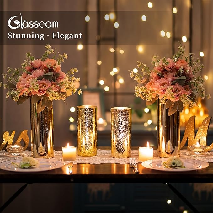 Glasseam Gold Cylinder Vases for Centerpieces: 6 Modern Mercury Hurricane Glass Vase Set for Flowers - Decorative Golden Pillar Candle Holders for Wedding Party Dining Room Table Decor