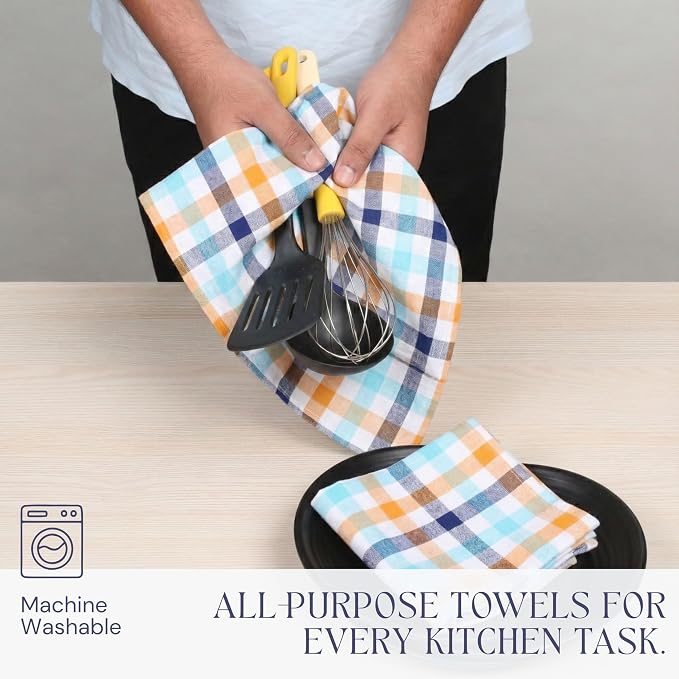 Check Dish Towels 4 Pack, 18"x26", Absorbent Hand Towels for Kitchen Use, Quick Dry Cloths, Durable Washable Rags, Reusable Dishcloth Set - Indigo Blue, Mustard Yellow, Aqua Blue
