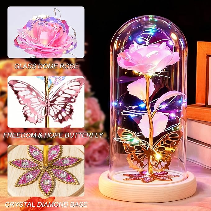 Beferr Christmas Birthday Gifts for Women, Mom Gifts for Christmas Galaxy Glass Rose Forever Preserved Flowers for Delivery Prime Rose in Glass Dome Xmas Gifts for Grandma Wife Sister Her, NPink