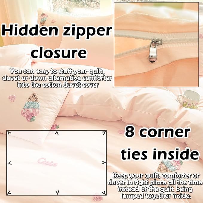 MorroMorn Cotton Duvet Cover Queen Size, Peach Pink Bed Set 3D Embroidery Bedding Sets All Seasons, Chenille Embroidered Comforter Covers Blanket for Girls Kids Teen (Ice Cream Cones, Full/Queen)