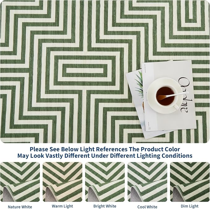 8x10 Washable Large Rug for Living Room Neutral Modern Geometric Lines Rugs for Dining Kids Room Playroom Low Pile Soft Bedroom Carpet Thin Foldable Modern Abstract Rug, Green
