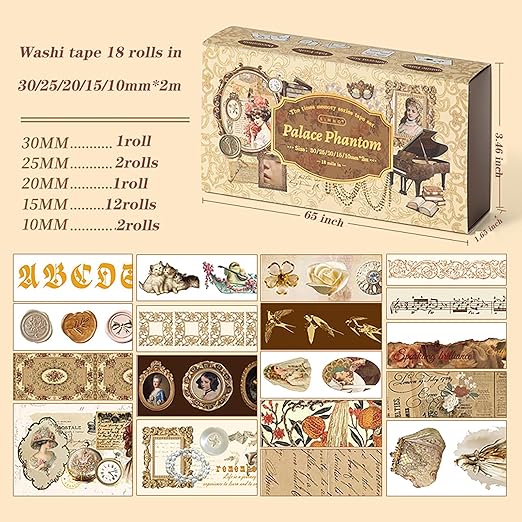 Auguro 18 Rolls Vintage Victorian Washi Tape Set Journal Tape for Crafts and Journaling DIY Scrapbooking Supplies washi Tape for Scrapbooking Decorative Tape