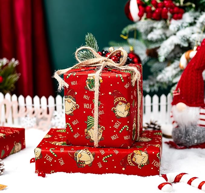 Yarcony Gnomes Christmas Wrapping Paper, Kraft Red Wrapping Paper, Recyclable Funny Gnome Thick Christmas Gift Wrap for Holiday Gifting, Festive Winter Celebrations (Mini Roll, 17 Inch X 33 Feet)