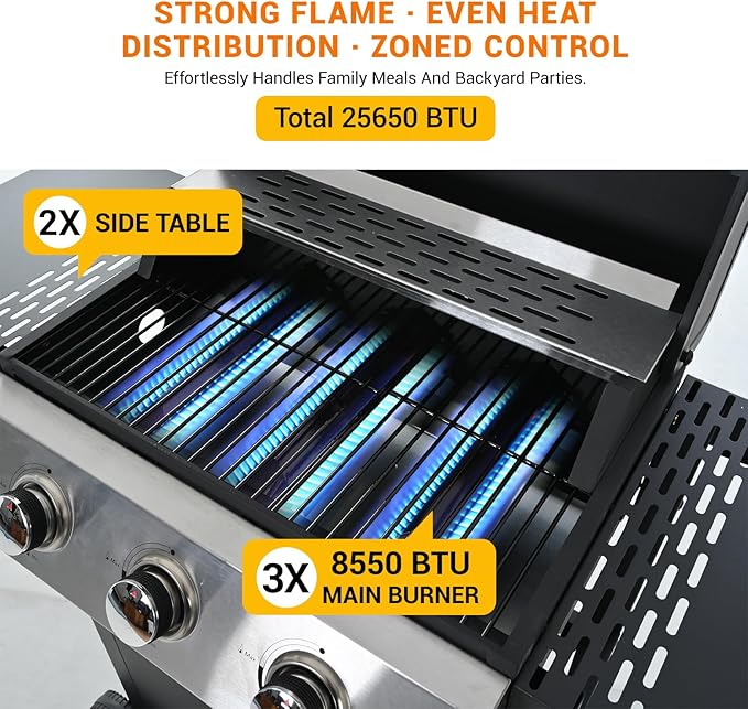 EUHOME Stainless Steel 3-Burner Gas Grill, 25650 BTU Outdoor BBQ Grill with Side Table, 338 sq.in Cooking Area, Perfect for Patio, Deck & Family Barbecues