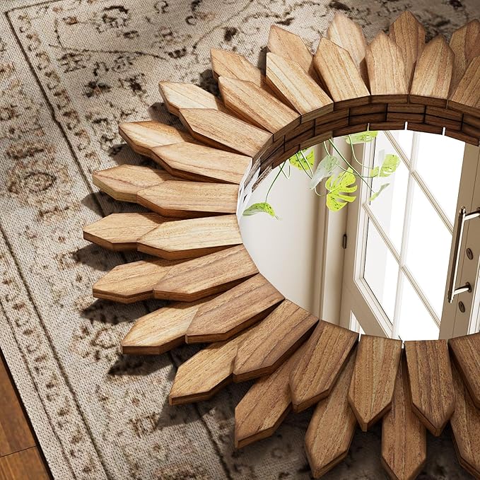 Boho Wood Sunburst Round Wall Mirror, 20 Inch Rustic Circle Wooden Frame Decorative Mirror for Farmhouse Coastal Home, Home Wall Decor for Living Room Entryway Bedroom, Light Wood