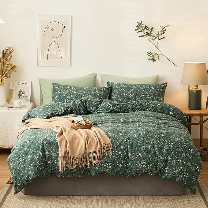 HighBuy Jersey Knit Cotton Duvet Cover Twin XL Green Floral Bedding Set 100% T-Shirt Comfy Bedding Sets Super Soft Garden Chic Knit Cotton Comforter Cover Twin XL Size