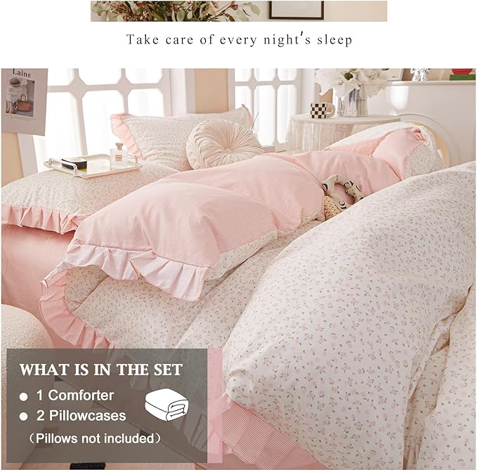 VM VOUGEMARKET Flower Comforter Set Full 3 Pcs Vintage Pink Floral Bedding Comforter with Elegant Ruffles All Season Soft & Lightweight Comforter Set for Girls Women 80"x90"