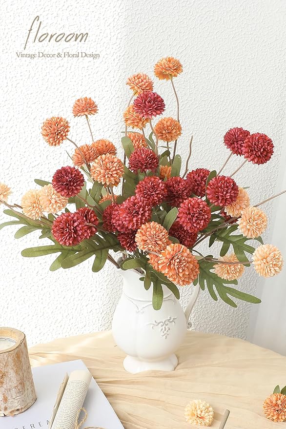 Floroom 9pcs Dark Red Burnt Orange Mix Faux Silk Mums Artificial Flowers, Bulk Fake Small Mini Chrysanthemums with Stems for DIY Wedding Centerpieces Floral Arrangements Vase Fillers Home Decorations