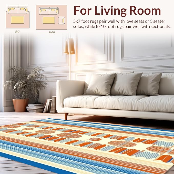 Flatwoven High Traffic Area Rug 4x6, Geometric Sky & Terracotta Art Deco Style, Non Slip, Stain Resistant, Washable Area Rugs for Living Room, Bedroom (Blue, 4x6)