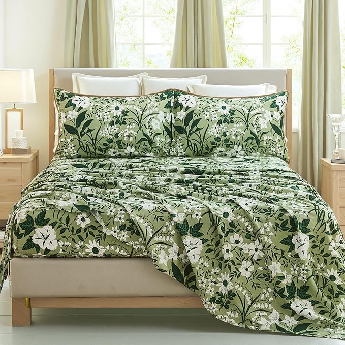 100% Cotton Sheet Set King Size – 4-Piece Luxury Forest Green Floral Bedding, Soft Breathable Percale Weave, Deep Pocket Fitted Sheet 17.5", Crisp Cool Feel, Refined Botanical Elegance