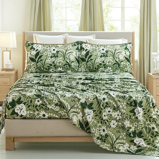 100% Cotton Sheet Set King Size – 4-Piece Luxury Forest Green Floral Bedding, Soft Breathable Percale Weave, Deep Pocket Fitted Sheet 17.5", Crisp Cool Feel, Refined Botanical Elegance