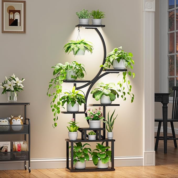Plant Stand with Grow Lights for Indoor Plants, 8-Tiered Tall Corner Plant Shelf with Full Spectrum Light, S-Shaped Space-Saving Narrow Flower Holder, Anti-Tip for Living Room Bedroom Office, Black