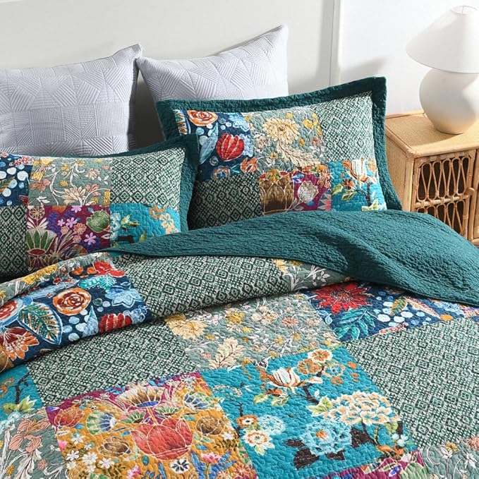 ENASAL Cotton Bedspread Quilt Sets Reversible Bedding Coverlet Sets Comforters, Patchwork Vintage Floral Turquoise Bedspread, King Size